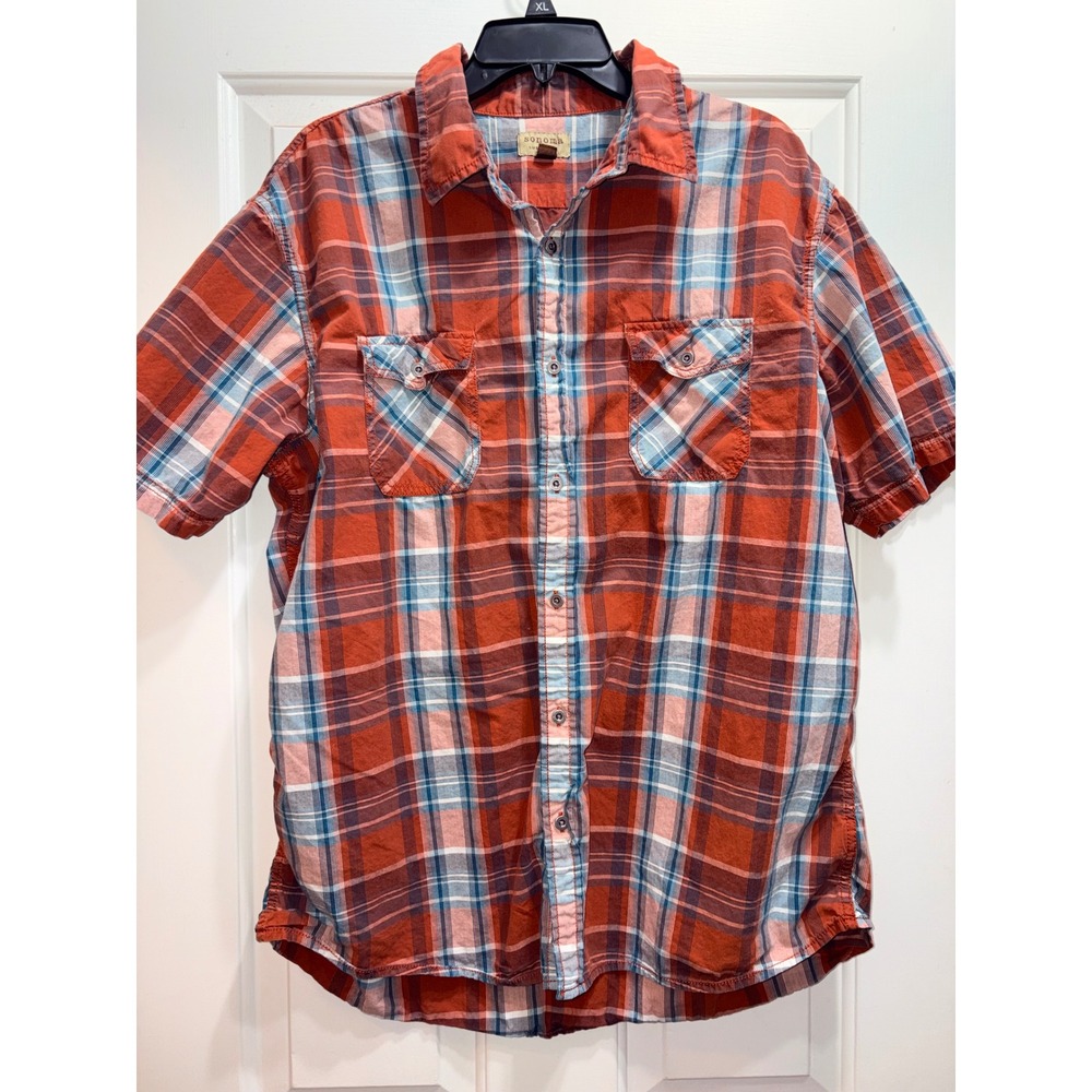Sonoma Life + Style Mens XL Red Blue Plaid Short Sleeve Button Down Shirt Pocket